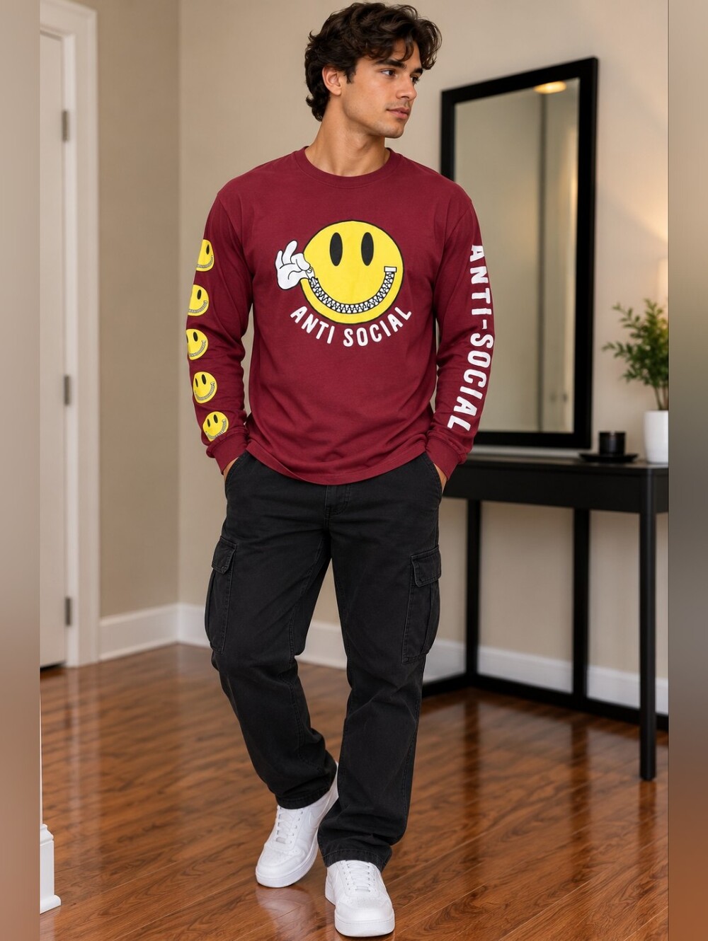 Anti Social Social Club Men’s Maroon Long Sleeve Graphic Tee | Size Medium